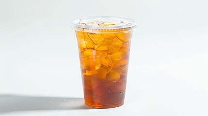 Clear plastic cup filled with Thai Iced Tea and a lid, isolated white background, studio light for focused advertising
