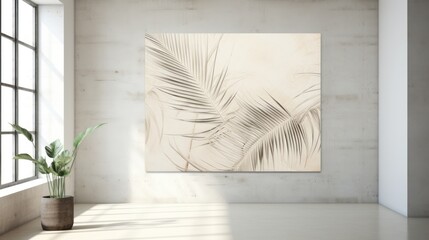 Elegant palm leaves arranged artistically on a pure white concrete wall 