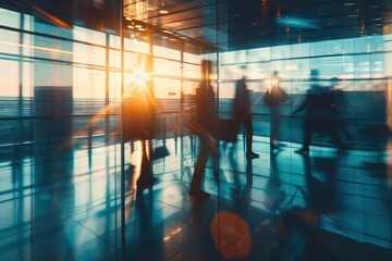 blurred silhouettes of business people in modern glass office corporate teamwork and collaboration abstract background