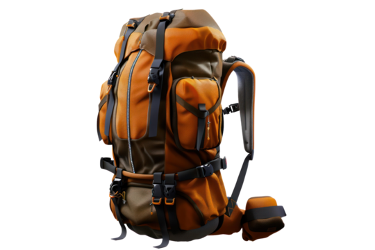 High-capacity orange and brown hiking backpack with numerous pockets and adjustable straps, perfect for outdoor adventures and camping trips.