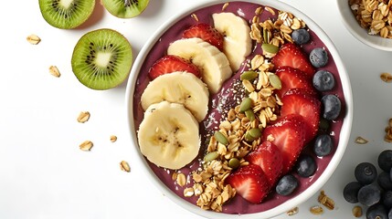 Overhead view of a vibrant acai bowl adorned with fresh slices of banana, kiwi, and a sprinkling of granola, set against a pristine white background.