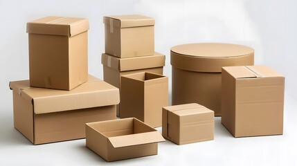 Fototapeta premium A variety of cardboard boxes in different shapes and sizes, arranged neatly against a plain background.