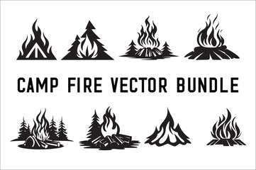

Camp fire icon Bonfire burning silhouette Vector Bundle. Camp fire Bundle silhouette vector illustration. 