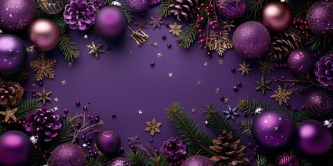 Purple Christmas Ornaments and Pine Cones on Purple Background