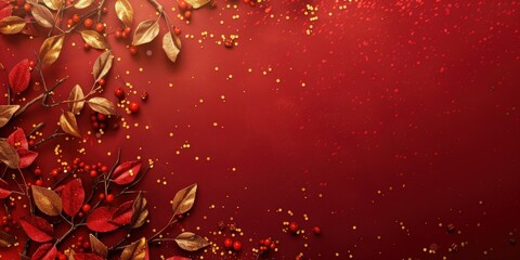 Red Background With Gold And Red Leaves And Berries