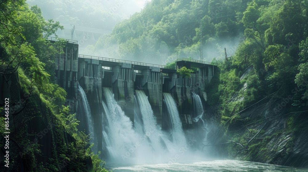 Poster A hydroelectric dam nestled in a serene green landscape with cascading water creating a powerful flow for clean energy generation. Generative AI