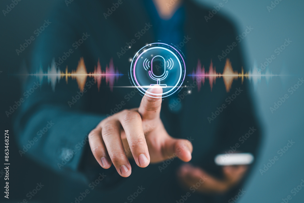 Poster voice recording. man touching microphone icon on smart phone. mobile application record sound, audio