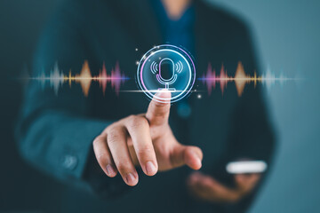 Voice recording. Man touching microphone icon on smart phone. Mobile application Record sound,...