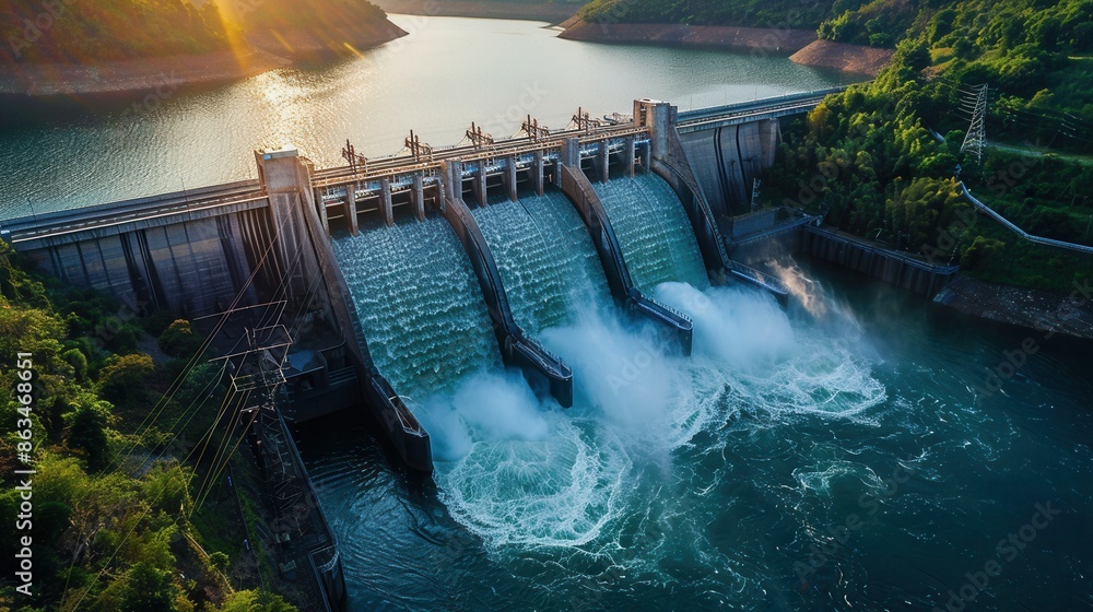 Poster aerial view of a hydroelectric dam generating power as water flows through the gates at sunset. gene