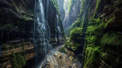 Fototapeta premium A cascading waterfall in a narrow gorge, with moss-covered walls and ferns growing in the crevices