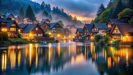 Serene village at dusk with houses glowing in soft liquid hues , serene, village, dusk, houses, glowing, soft, liquid