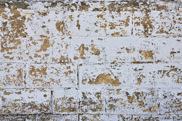 Weathered Brick Wall Textures with Peeling Paint Eye-Level Close-Up