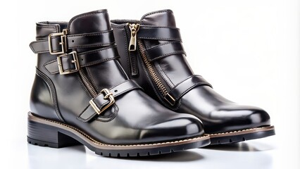 Stylish pair of black leather boots with buckles and zipper, fashion, footwear, leather, trendy, winter, shoes, black, stylish