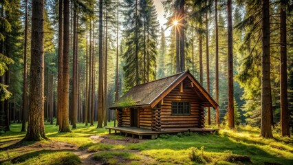 Wooden cabin nestled in a peaceful forest clearing surrounded by tall trees , cabin, nature, forest, trees, tranquility