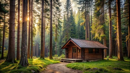 Wooden cabin nestled in a peaceful forest clearing surrounded by tall trees , cabin, nature, forest, trees, tranquility