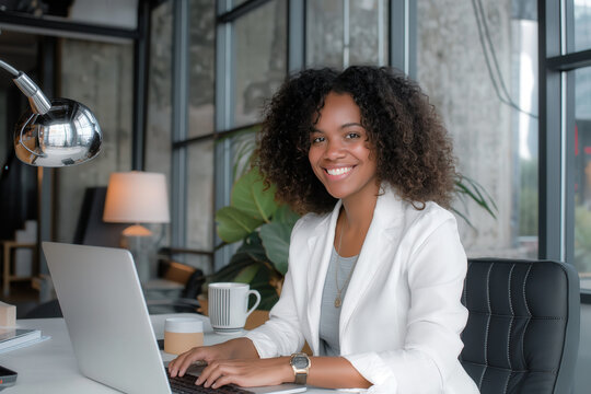 young black woman with natural hair wearing a white blazer works on a laptop computer in a cozy modern setting