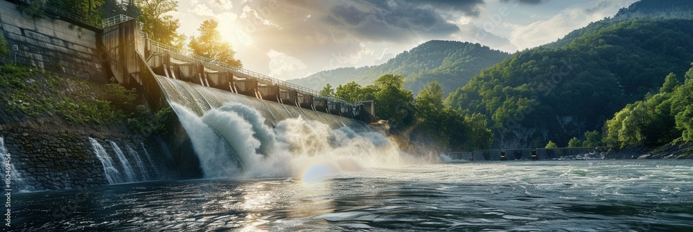Poster water flows over a hydroelectric dam, generating power in a tranquil mountain setting. generative ai