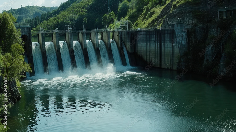 Poster a hydroelectric dam generates power from the flow of water in a beautiful, serene landscape. generat
