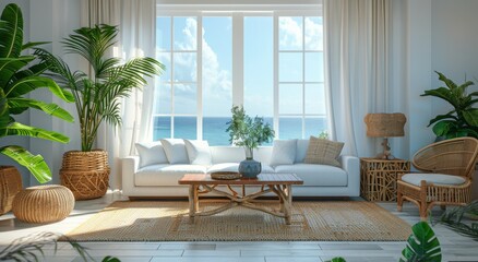 Obraz premium Coastal Living Room Interior Design With Ocean View and Tropical Plants