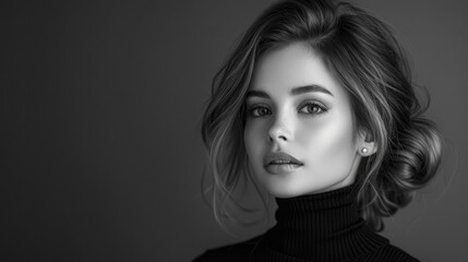 Fototapeta premium Black and white fashion art studio portrait of beautiful elegant woman in black turtleneck. Hair is collected in high beam. Elegant ballet style