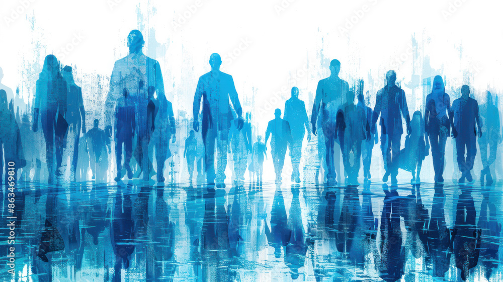 Poster a group of people are walking in a blue and white background. the people are all different sizes and