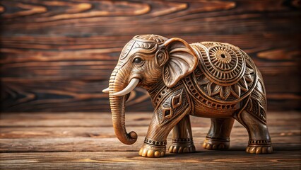 Elephant figurine with intricate carved details placed on a wooden table, elephant, figurine, Asian culture, wisdom