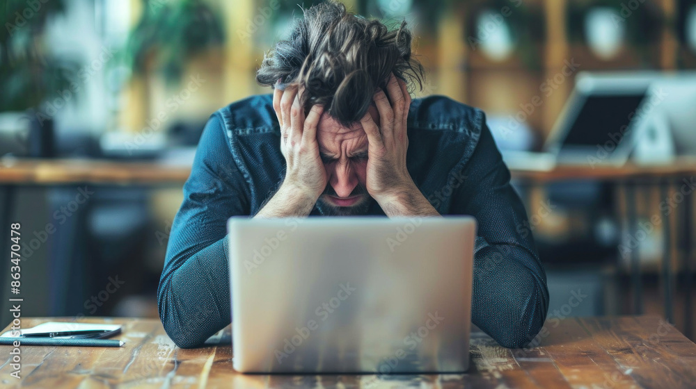 Poster a man is sitting at a table with a laptop in front of him. he is looking at the screen with a worrie