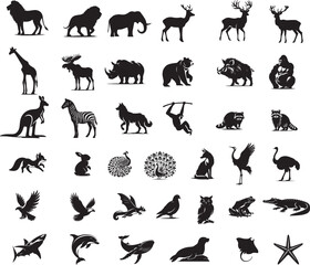 Set of wild animals, aquatic animals, black silhouettes, silhouette for logo.vector illustration