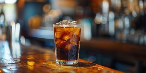 A Glass Of Cola With Ice On A Bar Counter