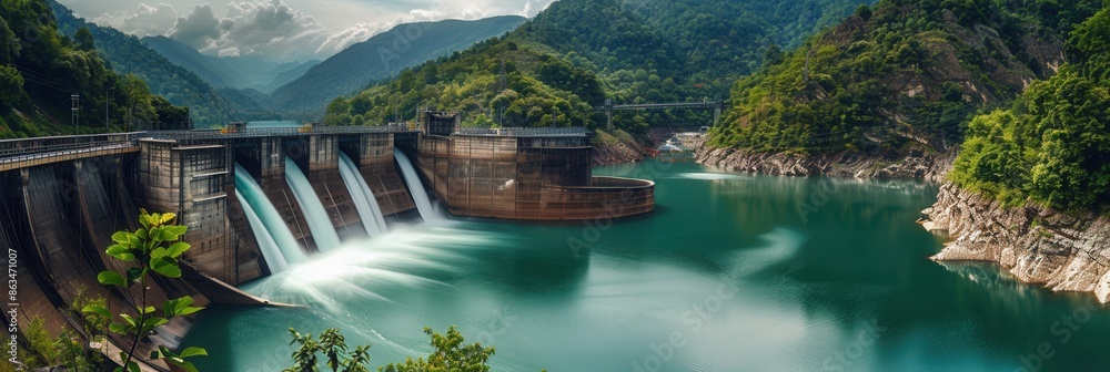 Poster a hydroelectric dam nestled in a green mountain valley generates power as water flows through its ga