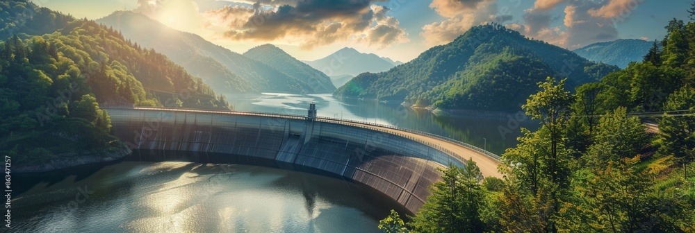 Poster a scenic hydroelectric dam nestled in a mountain valley, harnessing the power of water flow to gener