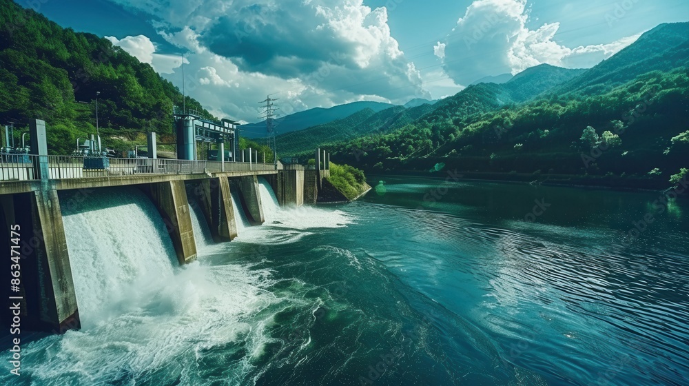 Poster A hydroelectric dam generates power in a serene mountain landscape. Water flows over the dam, creating a powerful cascade. Generative AI