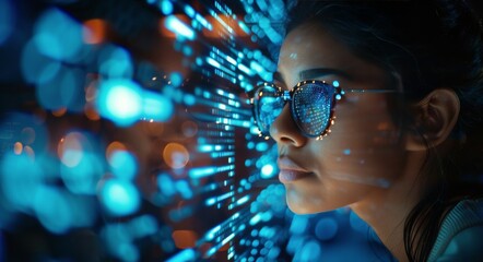 Woman Wearing Blue Glasses Looks At Screen With Blue Light