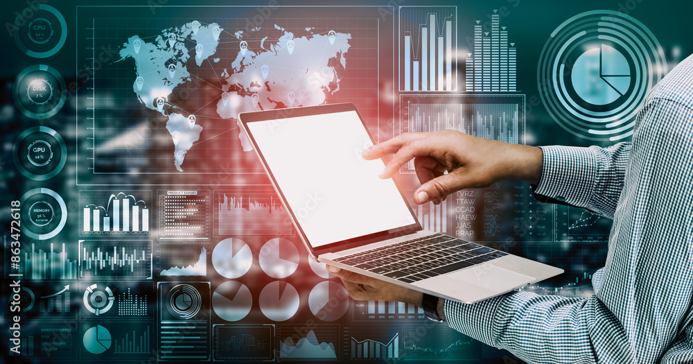 Poster big data technology for business finance analytic concept. modern interface shows massive informatio