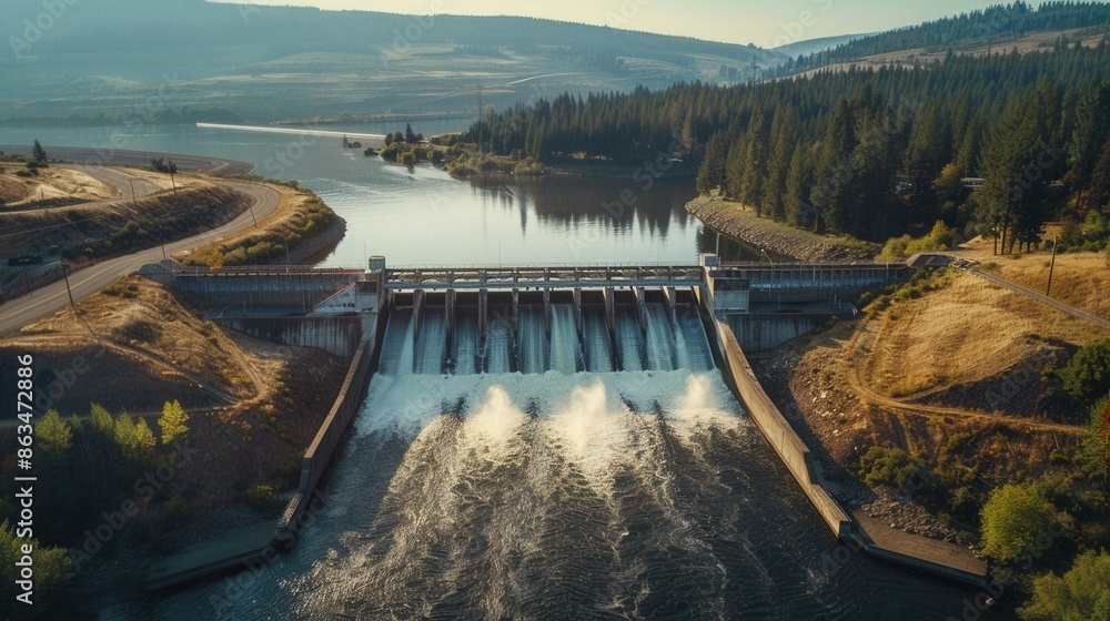 Poster an aerial view of a hydroelectric dam with water flowing over it, generating power in a serene lands