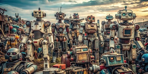 Naklejka premium Abandoned robots in a junkyard, showcasing the legacy of rapid technological obsolescence, abandoned, robots, junkyard