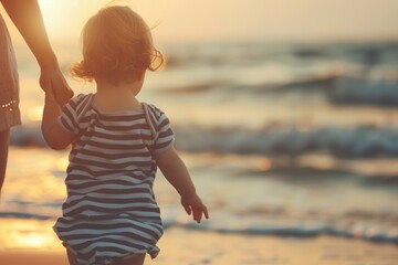 Child in striped clothes holding adult's hand on beach at sunset.