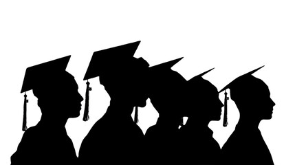 Silhouettes of graduates wearing caps, standing in a row, celebrating their achievement.