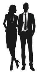 Elegant silhouette of a professional man and woman walking side by side in business attire.