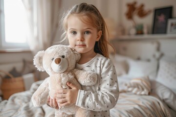 Child in pajamas with teddy bear standing by crib in cozy bedroom.