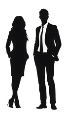 A stylish silhouette of a professional man and woman in business attire, standing confidently.