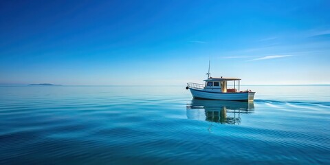 Obraz premium Boat sailing on calm blue water with a clear sky in the background, boat, water, ocean, sea, nautical, sailing