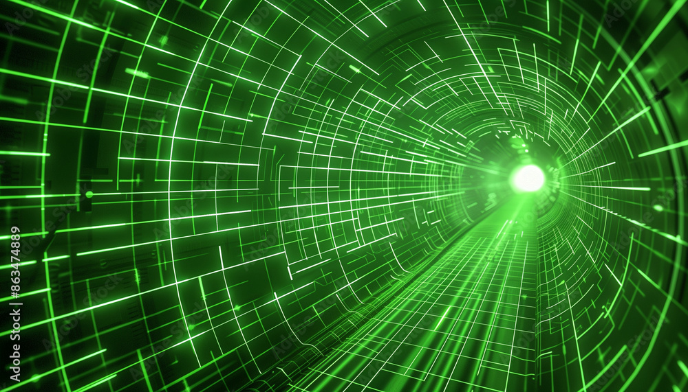 Poster futuristic digital tunnel with vibrant green neon lights creating a dynamic and immersive virtual re