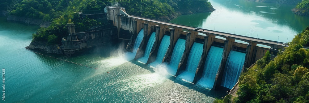 Poster a hydroelectric dam generates power with water flowing through it in a beautiful, serene landscape. 