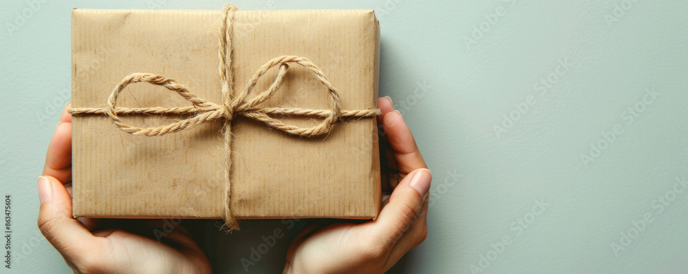 Poster a person is holding a brown box with a string tied around it. the box is wrapped in brown paper and 