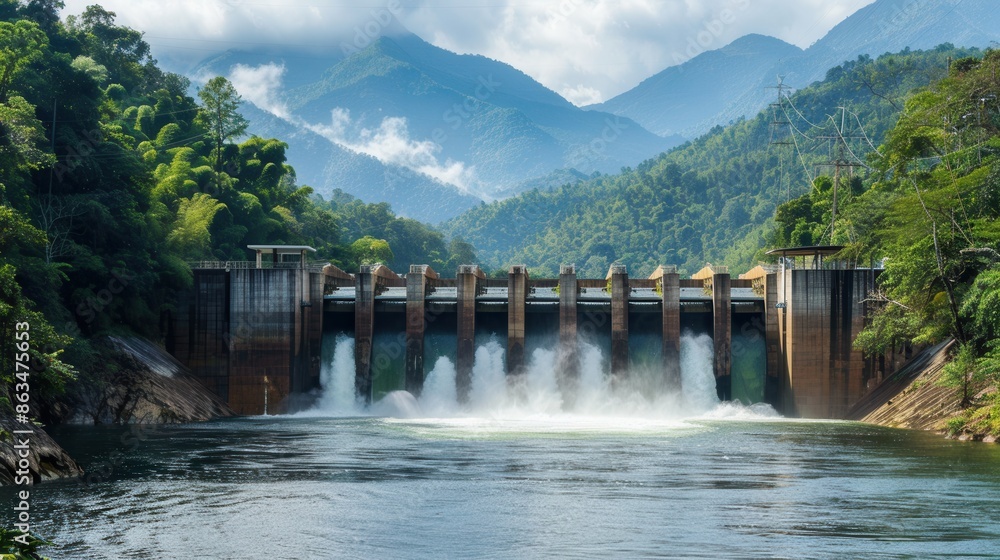Poster a hydroelectric dam generates power with water flowing through it, creating a beautiful waterfall am