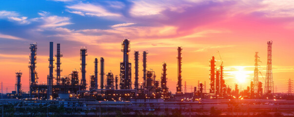 A sunset over a city skyline with many tall buildings and a large oil refinery. The sky is filled with clouds and the sun is setting, creating a warm and peaceful atmosphere