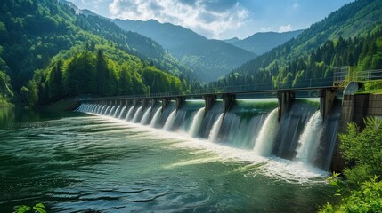 A hydroelectric dam generates clean energy in a stunning mountainous landscape, showcasing the potential of renewable resources. Generative AI
