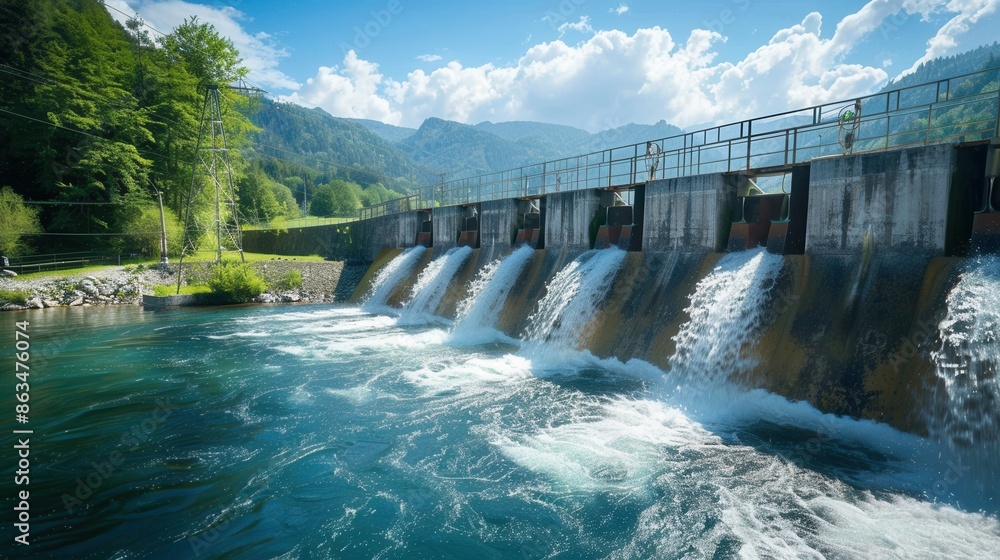 Poster a hydroelectric dam in a mountainous region generates power from the flow of water. generative ai