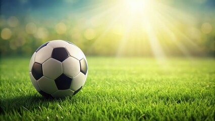 Soccer ball laying on vibrant green grass field , sports, soccer, football,outdoor, game, competition, team sport